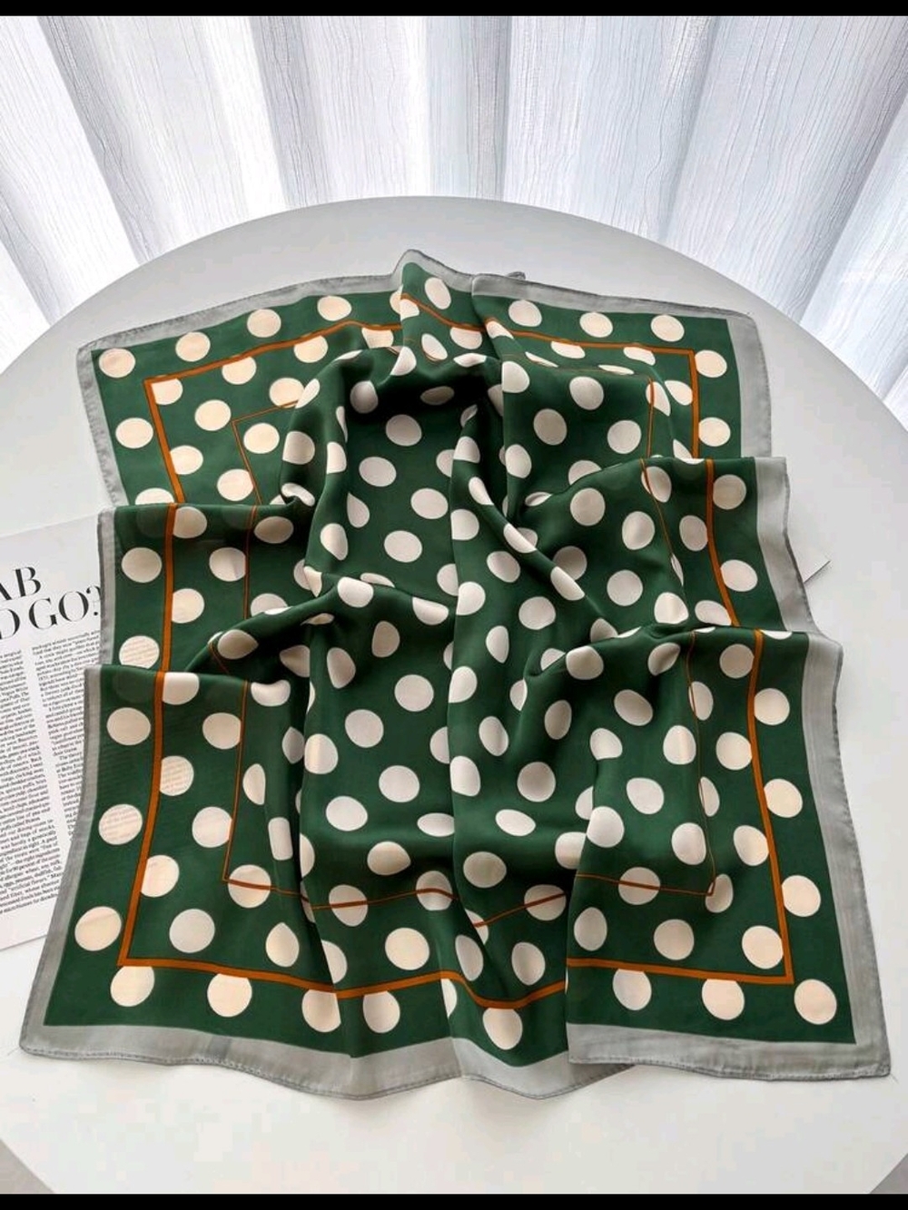 Anthropologie Green Polka Dot Silk Scarf with Cream Spots